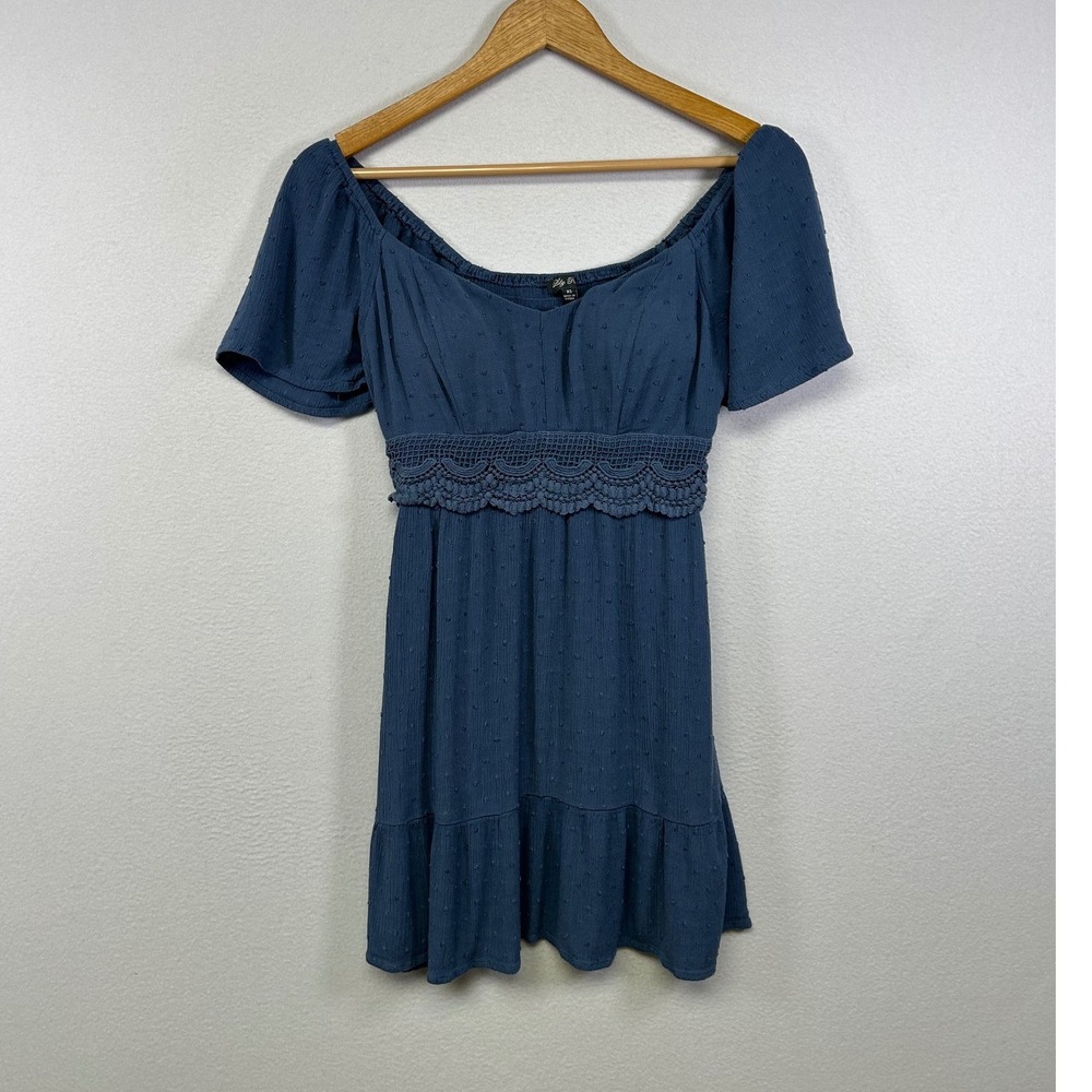 Cottagecore Lily Rose Womens XS Blue Swiss Dot Crochet Lace Empire Mini Dress
